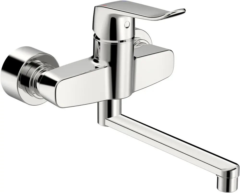 Einhebelmischer in glänzendem Chrom aus der Marke HANSA. Der Bedienungshebel ist lang und die Ausladung beträgt 277 mm. Ideal für die Wandmontage.